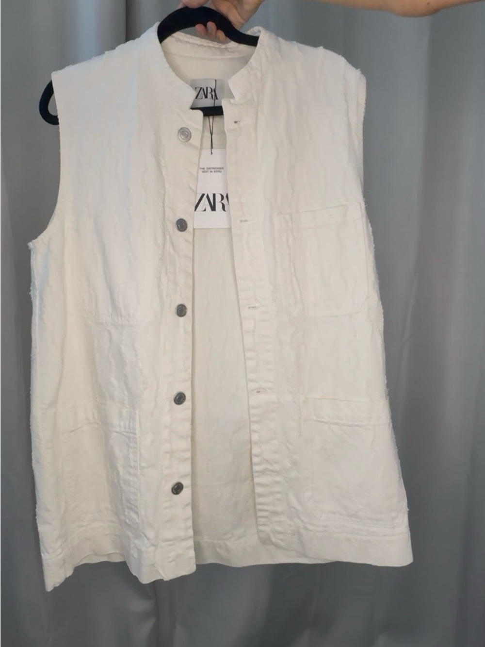NWT- Zara Ivory Distressed Sleeveless Button-Front Vest in Ecru
